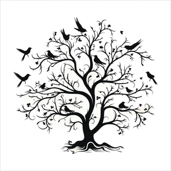 A single black tree silhouettes with birds on white background vector