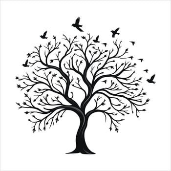 A single black tree silhouettes with birds on white background vector