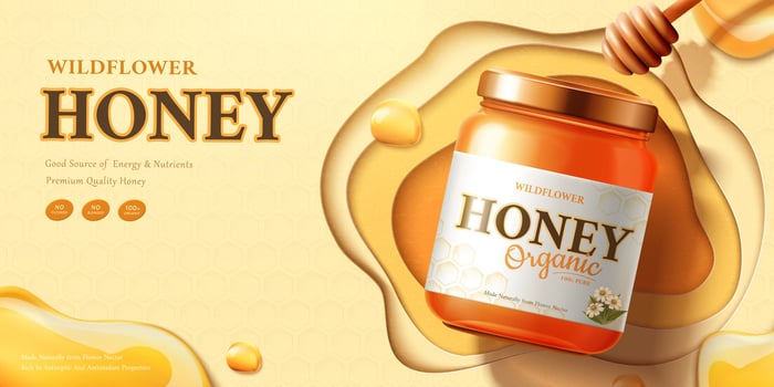 Wildflower honey ads with syrup and dipper on beige background in 3d illustration, flat lay vector