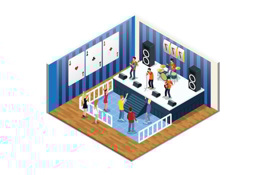 Isometric Music live, with indoor view of dancefloor stage and dancing people illustration vector
