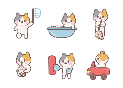 Cute cat daily activity sticker vector