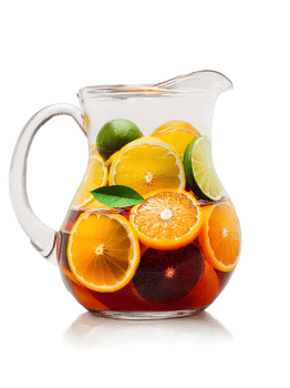 Sangria with slices of oranges lemons and limes in clear glass pitcher png
