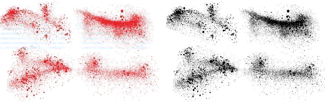 Grunge brush stroke black and red color drop blood splatter set vector