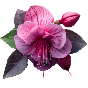 Fuchsia flower. Luscious purple fuchsia flower top view. Summertime plant fuchsia flat lay. Purple flower isolated png