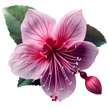 Fuchsia flower. Luscious purple fuchsia flower top view. Summertime plant fuchsia flat lay. Purple flower isolated png