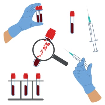 Set of illustrations of medical tests. Chemical testing of patient blood samples, medical test tubes with blood samples, blood donation, laboratory research concept vector