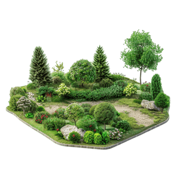 3d model of a garden with trees and rocks png