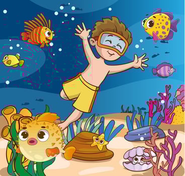 Children have fun diving under water. Funny cartoon character. illustration..Cute kids diving in the sea. Cartoon children snorkeling in the ocean. vector