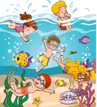 Children have fun diving under water. Funny cartoon character. illustration..Cute kids diving in the sea. Cartoon children snorkeling in the ocean. vector