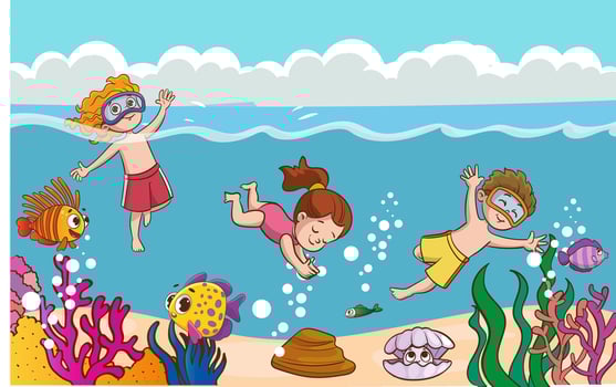 Children have fun diving under water. Funny cartoon character. illustration..Cute kids diving in the sea. Cartoon children snorkeling in the ocean. vector