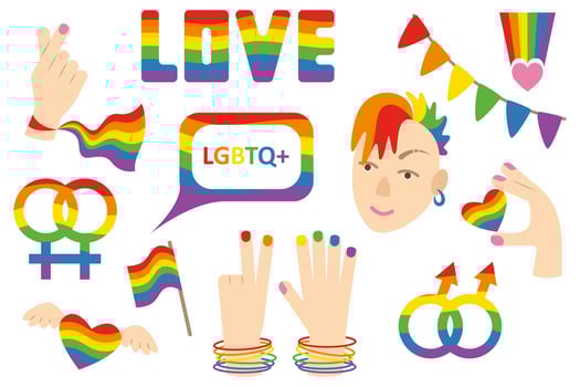 Set of LGBTQ elements in rainbow color on white background. Conceptual symbols of sexual orientation in flat style. vector