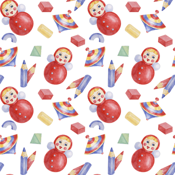Baby seamless pattern with roly-poly doll, pencils, humming top in watercolor. Retro nursery toy ornament Hand drawn textile print for kids room, children's wallpaper, wrapping, present, scrapbooking png