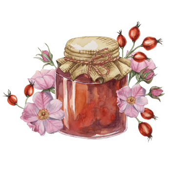 Rose hip jam in glass jar with canvas burlap fabric lid and twine rope bow. German fruit preserve jelly watercolor illustration for printing, food packaging, labels, cards, stickers, scrapbooking png
