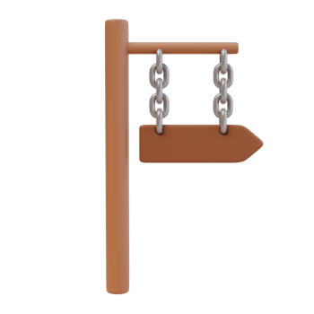 3d render illustration of signpost with arrow on a metal chain. Wooden signboard. Direction pointer, divarication guidepost. Isolated object png