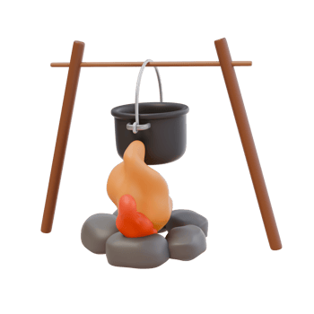 3d render illustration of campfire with stone and cooking pot. Camping picnic, tourism concept. Isolated object png