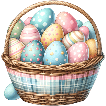 Colorful Easter eggs in a decorative basket, perfect for festive and seasonal celebrations and spring-themed designs. png