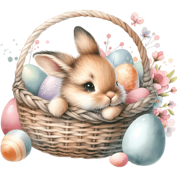 Adorable bunny in a wicker basket with colorful Easter eggs and flowers, perfect for spring and Easter-themed designs. png