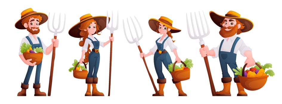 Farmers with pitchfork and vegetables illustration vector