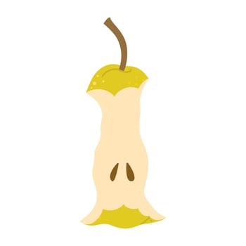 Green pear Core. Hand drawn trendy flat style isolated on white. Ripe pear eaten cartoon image art. Healthy vegetarian snack, apple core for design, infographic illustration vector