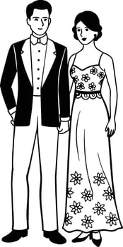 A couple attending a high-society event in elegant white attire white floral design. vector