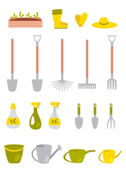 Summer gardening tools flat set. Hand drawn garden inventory clipart collection. illustration isolated on white background. vector
