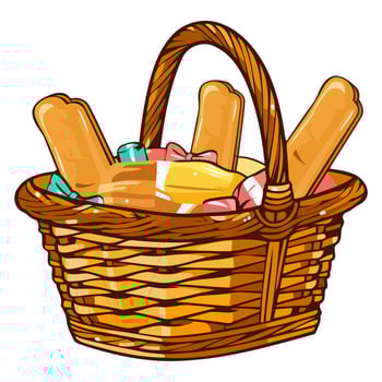 A icon depicting a cartoon wicker basket filled with bread, ideal for illustrating food, bakery themes vector