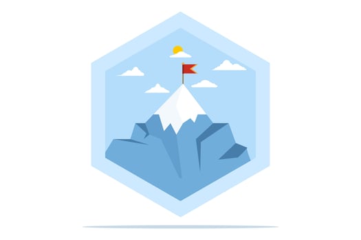 Mountains with a flag on it, leadership emblem concept, achievement success, success reaching the top of career or business, mission symbol, mountain climbing, flat illustration on background. vector