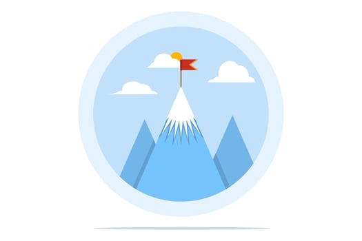 Mountains with a flag on it, leadership emblem concept, achievement success, success reaching the top of career or business, mission symbol, mountain climbing, flat illustration on background. vector