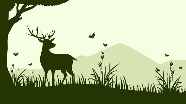 Landscape illustration of silhouette deer at meadow with butterflies vector