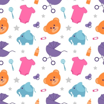 Baby Seamless Pattern Design, A Set of Simple Decorative Elements in a Hand Drawn on Style Cartoon Flat Illustration Template vector