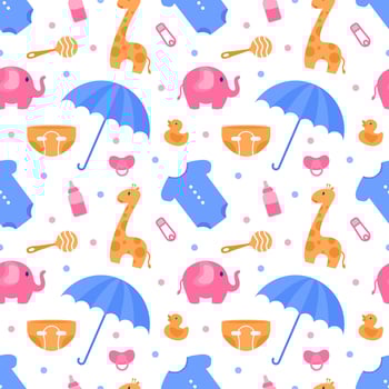 Baby Seamless Pattern Design, A Set of Simple Decorative Elements in a Hand Drawn on Style Cartoon Flat Illustration Template vector