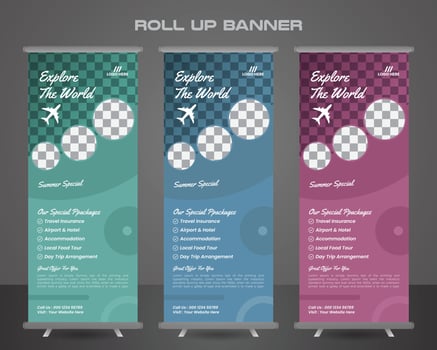 Explore and travel the world roll up banner template vector