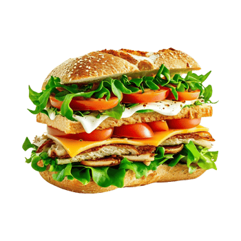 Baguette sandwiches with salami, turkey breast, cheese, lettuce, tomatoes, onion png