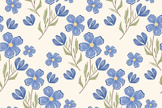 Vintage Floral pattern seamless blue flower motifs border background frame embroidery. Ethnic Ikat pattern paisley design. Ditsy illustration hand drawn. vector
