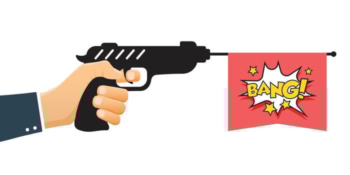 Hand holding pistol gun with bang text icon in flat style. Firearm symbol illustration on isolated background. Rifle ammo sign business concept. vector