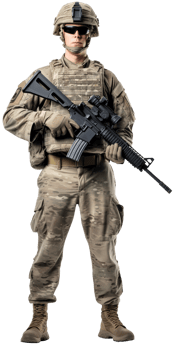 An American soldier in full-length sunglasses with a weapon in his hands. Modern equipment. Isolated on transparent background png