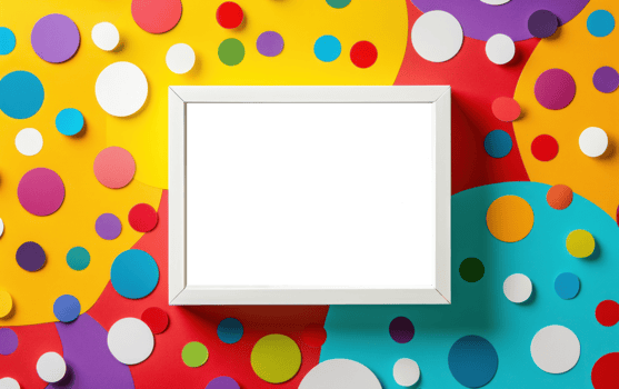White photo frame on a coloured background with many coloured paper rounds. Empty picture frame. Modern mockup template with blank space for your photo or text png