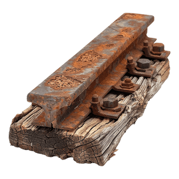 A piece of train track has rusted and has a piece of wood underneath isolated on transparent background png