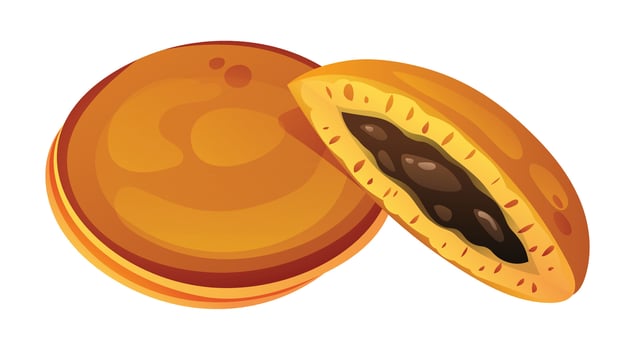 Dorayaki pancakes filled with sweet red bean paste. Japanese red bean pancake. Cartoon illustration vector