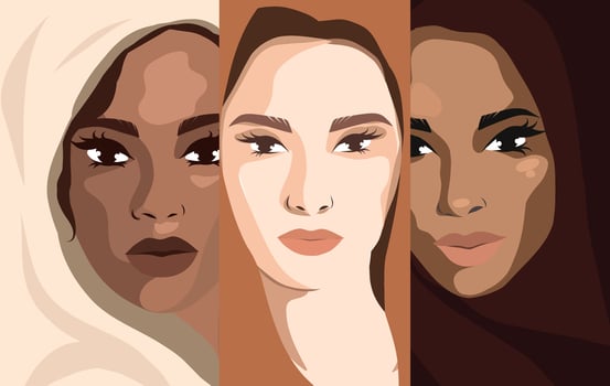 Women's Day banner. A group of beautiful women with different beauty, skin color. The concept of woman, femininity, independence and equality. vector