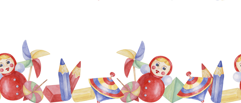 Toys seamless border, doll with pinwheel, humming top, balloons, blue cart and pencils ribbon clipart. Watercolor play objects wallpaper for nursery decor, fabric, baby shower, girl toddler room, cards png