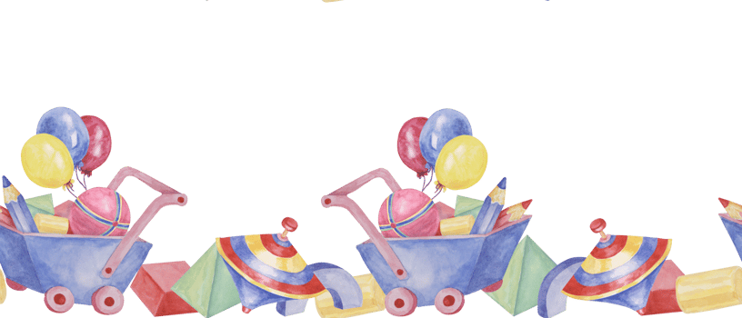 Toys seamless border, blocks, humming top, balloons, blue cart and pencils ribbon clipart. Watercolor play objects wallpaper for nursery decor, fabric, baby shower, girl toddler room, cards png