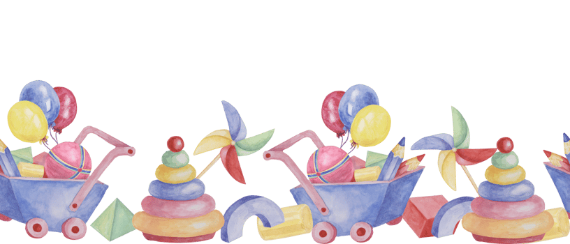 Toys seamless border, doll with pinwheel, humming top, balloons, blue cart and pencils ribbon clipart. Watercolor play objects wallpaper for nursery decor, fabric, baby shower, girl toddler room, cards png