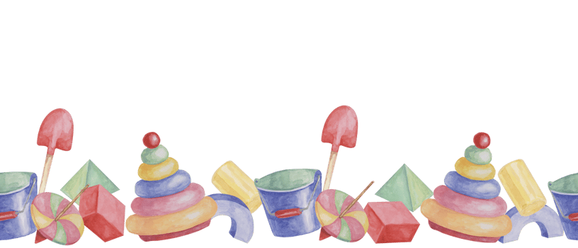 Toys seamless border, rings pyramid with spinning top, bucket and shovel ribbon clipart. Watercolor play objects wallpaper for nursery decor, fabric, baby shower, girl toddler room, cards png