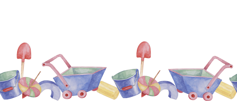 Toys seamless border, spinning top, blue cart, kids wagon, bucket and shovel ribbon clipart. Watercolor play objects wallpaper for nursery decor, fabric, baby shower, girl toddler room, cards png