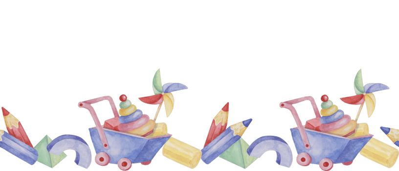 Toys seamless border, rings pyramid with pinwheel, wheelbarrow cart ribbon clipart. Watercolor play objects wallpaper for nursery decor, fabric, baby shower, girl toddler room, cards png