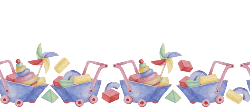 Toys seamless border, rings pyramid with pinwheel, wheelbarrow cart ribbon clipart. Watercolor play objects wallpaper for nursery decor, fabric, baby shower, girl toddler room, cards png
