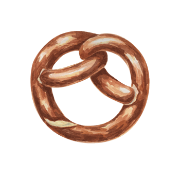 Pretzel watercolor illustration. Brown soft traditional German breakfast snack, Oktoberfest symbol clipart. Typical baked appetizer for menu, flyers, sticker, advertisement, artisan bakery png