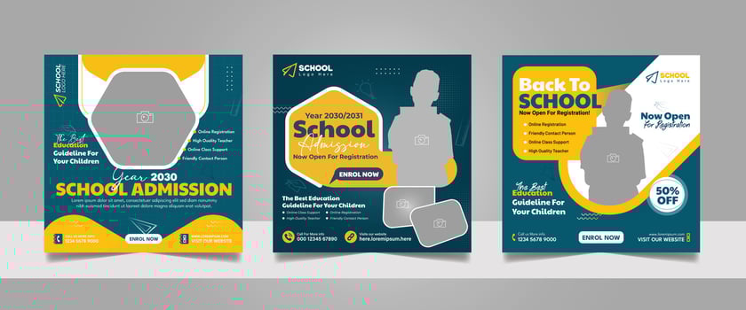 Kids admission social media post and back to school web banner higher education square flyer study abroad poster template vector