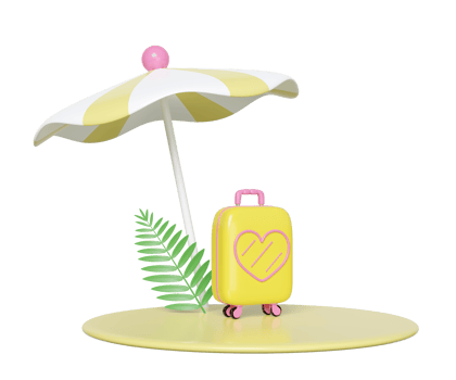 summer travel with suitcase, umbrella, leaf, podium isolated. 3d illustration render png
